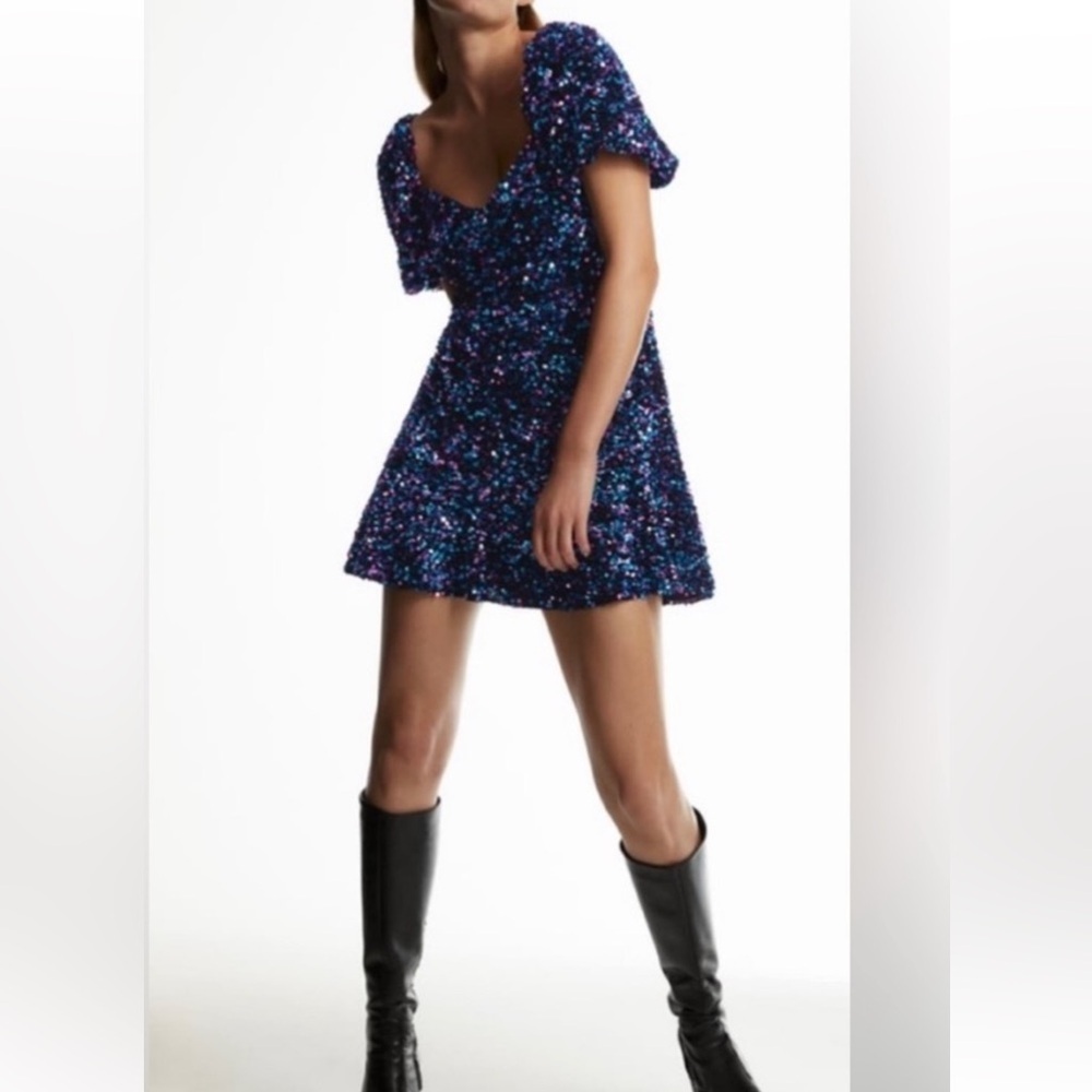 Zara coquette colorful Sequin Mini Dress with Puff Sleeves size X Small